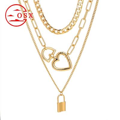 China TRENDY INS Fashion Love Necklace Party Friendship Chain Detachable Multi-layer Buckle Lock-shaped Pendant Necklace Set Jewelry Women for sale