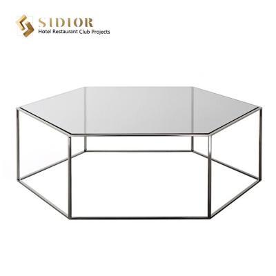 China De moderne Hexagon Koffietafel van het Vorm Witte Aangemaakte Glas 40cm Hoogte Te koop