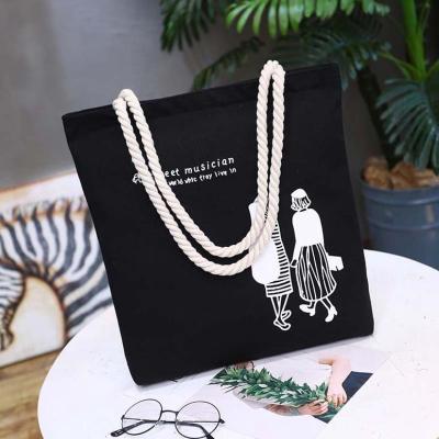 China 100% OEM Eco-friendly Custom Printed Logo Black Cotton Beach Canvas Tote Bags With Rope Handle for sale