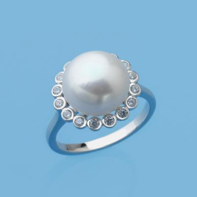 China Fashionable Manufacturer 925 Sterling Silver Classic CZ Ring With Button Shape Pearl 100% Natural Pure White Freshwater Rhodium Plated for sale