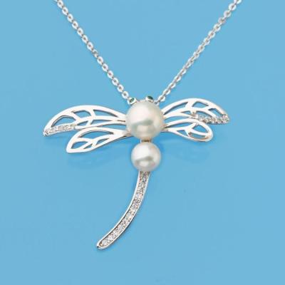 China Latest Design 925 Sterling Silver Dragonfly 5-6.5mm Cute White Freshwater Button Pearl Necklace With Zircon, Rhodium Plated for sale