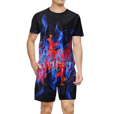 China IVY Handsome Flame Print Graphic Breathable Short T-shirt Suit Men Two Piece Short Set Sports Wear Casual for sale