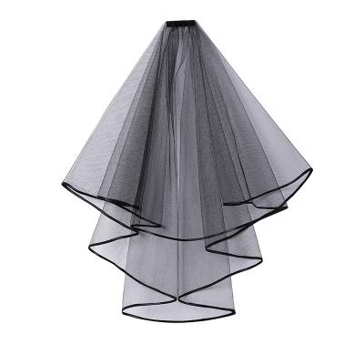 China wedding party bridal photoshoot short veil double layer satin edging black vintage voile veils SDHBLB0078 for sale