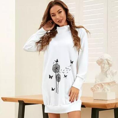 China 2021 Wholesale Anti-Wrinkle Shirt Floral Print Sweater Turtle Neck Knee-Length Shift Sweater Dress Long For Women for sale