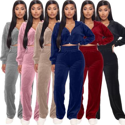 China Newest Anti-wrinkle Design Solid Color Casual Sweatpants Sets Autumn Long Sleeve Hoodie Crop Tops Pant 2 Piece Velvet Tracksuit Set Women for sale