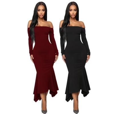 China 2021 New Trendt Design Anti-Static Bodycon Dress Women Shoulder Solid Color Party Falbala Long Sleeve Dress for sale