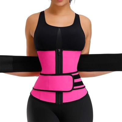 China 2021 Antibacterial New Logo Printing Women Waist Trainer Belt Slimming Workout Double Compression Belt Neoprene Waist Trainer for sale