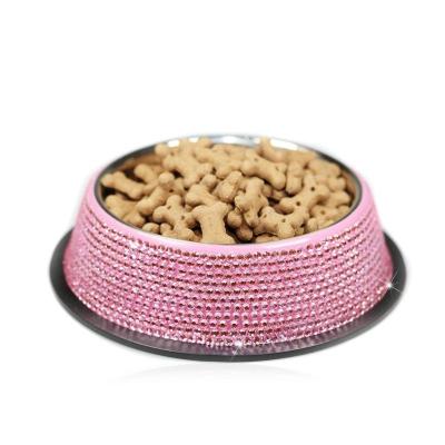 China Sustainable Small Dog Rolls Pink Bling Handmade Rhinestones Stainless Steel Pet Rolls Dual Food Water Feeder For Puppy Cats Dogs for sale