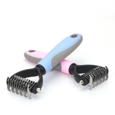 China Hot Stocked Amazon Pet Grooming Brush Double Sided Throwing Dematting Undercoat Rake Comb for Dogs and Cats for sale