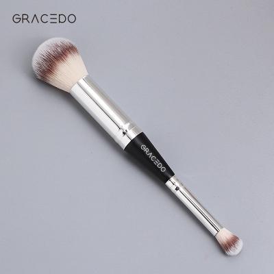 China Angular Blush Top Rated 2 In 1 Black Base Flat Double Sided Double Ended White Hair Single Makeup Brush for sale