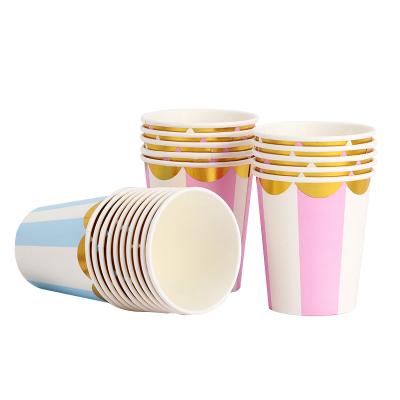 China Special Supply Disposable Border Manufacturers Wholesale 9oz 250ml Hot Stamping Printing Stripe Thickened Disposable Paper Cups for sale