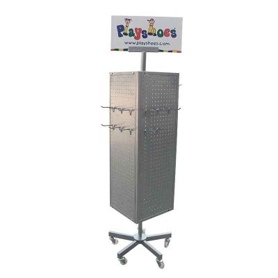 China Metal Pegboard 4-Sided Rolling Custom Rotating Stand Up Display Rack 360 Rotating With Hanging Hooks for sale