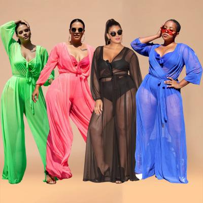 China QUICK DRY Sexy Sheer Mesh Nightclub Loose Sleeve Long Style Plus Size Clothing Women Pants Overalls for sale