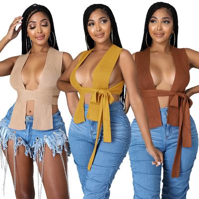 China QUICK DRY Women's Sweaters Solid Sleeveless Vest Lace Up Waistbands Winter Sexy Cropped Sweater Knitted Tops for sale