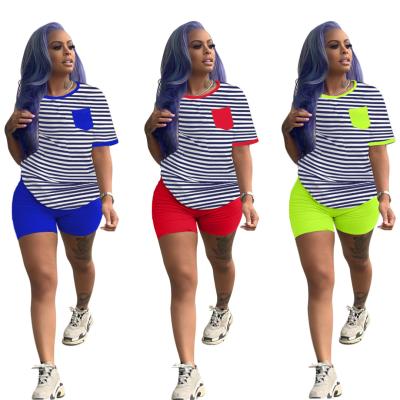 China Sustainable Two Piece Sets Striped T Shirts With Solid Midi Bike Shorts Summer Outfits Women Leissure Apparel for sale