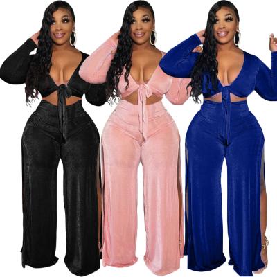 China Sexy QUICK DRY Commuter Velvet Tie Crop Top High Split Wide Leg Pants Plus Size Clothing Women Pants Two Piece Set for sale