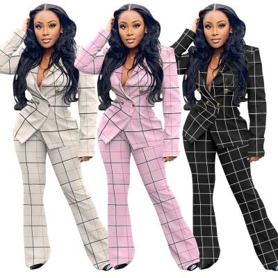 China QUICK DRY Casual Plaid Jacket Wide Leg Pants Women's Office Lady Customer Lady Suits 2 Pieces Set Women Clothes for sale