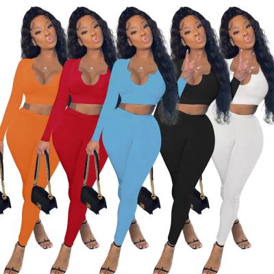 China QUICK DRY Leisure Sports Style Threaded Long Sleeve Crop Top Leggings Jogger Set Womens Clothing Two Piece Set for sale