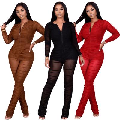 China QUICK DRY fashion mesh sexy perspective pleated zippers micro flared romper drop womens jumpsuits for sale