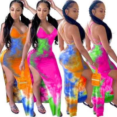 China Breathable Hot Winding Up Shoulder Bodycon Dress Women Sleeveless Backless Tie Dye Dress Summer for sale