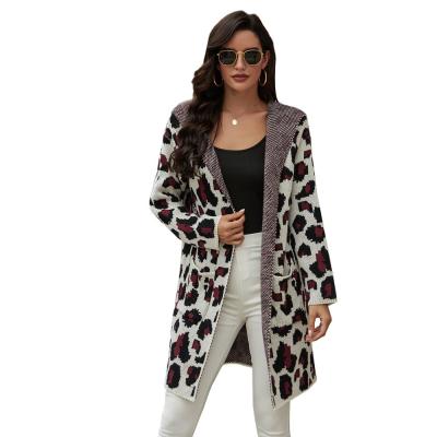 China New Fashion Autumn Winter Women Long Sleeve Cardigan Leopard Print Anti-wrinkle Plus Size Open Front Coat Knitted Casual Sweater With Pocket for sale