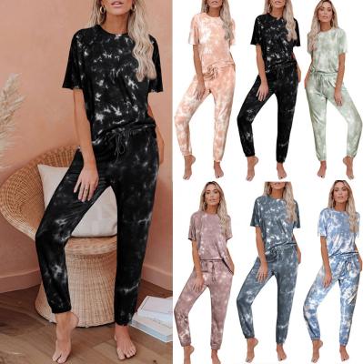 China 2021 Summer Fashion Link Dye Sleepwear Print Color Leisure Wear Breathable Suit Two Piece Set Pajamas For Women for sale