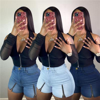 China Color Fade Proof Fashion Clothes Styles High Waist Ripped Jeans Zipper Denim Shorts Women for sale