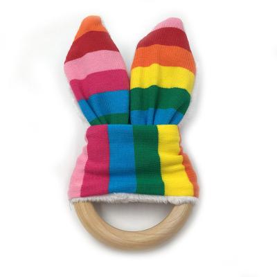 China Eco-Friendly Wooden Teethers Bunny Ear Teething Wooden Ring Gift Set Bunny Ear Organic Wood Rattle Organic Teether Ring Infant Toy Baby for sale