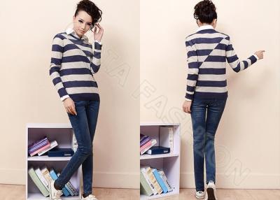 China Popular Cotton Ladies Fine Knit Sweaters , Long Sleeve Pullover with Two-tone Irregular Stripes for sale