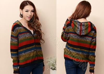 China Women Spring Fine Knit Sweaters With Hood Multicolored Stripes , Womens Cardigan Sweaters for sale