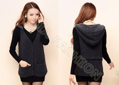 China Womens Wool Sweaters With Hood V Neck Black Buttons Up Sleeveless Cardigan for sale