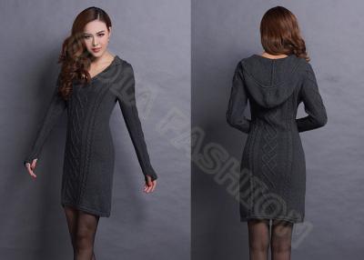 China Solid Color chunky knit sweaters for women , V Neck Hooded Lady Pullover Dresses for sale