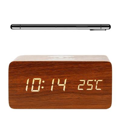 China Desktop LED Digital Wireless Electronic Wooden Alarm Clock Display Time Temperature Wireless Charger For Mobile Phone for sale