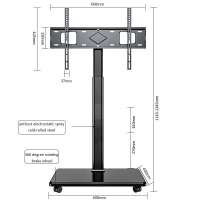 China Cold Rolled Steel+MDF Movable Roting Floor TV Trolley Height Adjustable Monitor TV Cart for sale