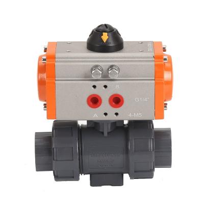 China Genuine PVC UPVC Plastic Double Unions General 2 Way Dual Pneumatic Actuator G Thread Acting Ball Valve For Acid Chemical Resistant for sale