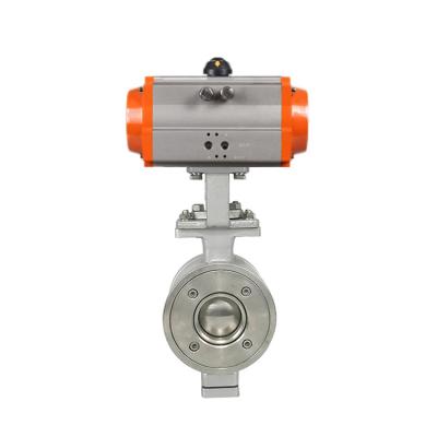 China DN80 3 inch ss304 stainless steel general wafer DN80 3 port return 2 way V spring pneumatic actuator control segment ball valve for sale