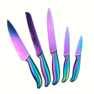 China 5 Pieces Durable Kitchen Knife Stainless Steel Chef Knives Set With Colored Hollow Handle And Colored Titanium Blade for sale