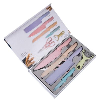 China Free Sample Non Viable Common 6PCS Stick Blade Stainless Steel Most Popular Colorful Kitchen Knives With Wheat Straw Handle Gift Box for sale