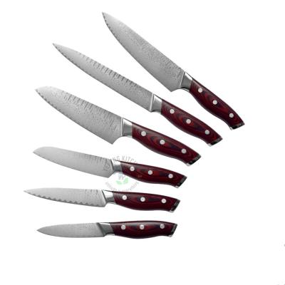 China 6Pc Viable Hot Selling Chef Knife Set Damascus Veins Wooden Pakka Handle Kitchen 7Cr17Mov Stainless Steel Kitchen Knife Set for sale