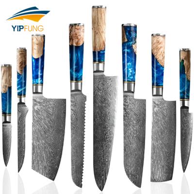 China Viable New Design Messer Hot Selling Blue Resin With Stabilizers Wood Handle Multilayer Damascus vg10 Kitchen Knife Set for sale