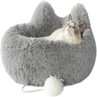 China Breathable Long Plush Fluffy Pet Bed For Cat Puppy Donut Soothing Bed Anti Slip Dot Bottom Around Cat Bed for sale