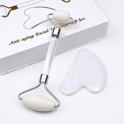 China Whitening Natural White Jade Roller Gua Sha Set and Guasha Kit Ade Face Roller for sale