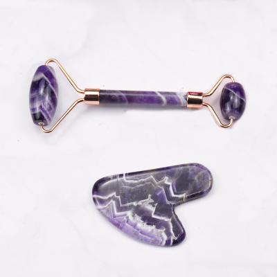 China Whitening Luxury New Year Gift Amethyst Jade Roller Set Purple Amethyst Face Roller Gua Sha Kit for sale