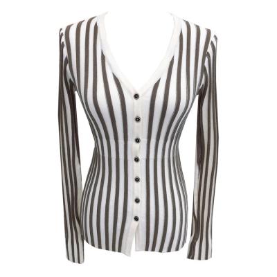 China New Fashion Elegant Slim V-Neckline Anti-wrinkle Spring Hot Selling Vertical Stripe Striped Knit Cardigan for sale