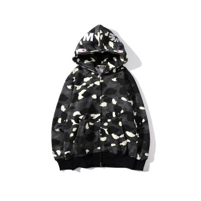 China 2020 New Arrival Wholesale Bape Fashion Camouflage Anti-Shrink Shark Printed Luminous Hoodies With Zipper for sale