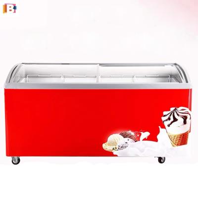 China Single-Temperature Sliding Glass Door Chest Ice Cream Display Commercial Curved Refrigerator Freezer For Supermarket for sale