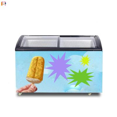 China Single-temperature Sliding Glass Top Chest Freezer Small Curved Door Ice Cream Chest Freezer for sale