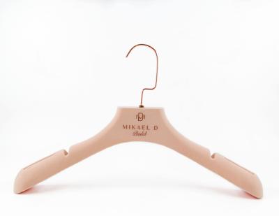 China Adjustable soft touch velvet plastic hanger for wedding dress dress hanger plastic hot stamp rose gold logo for sale