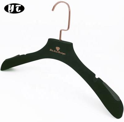 China Multifunctional Custom Luxury Velvet Flocked Hanger Plastic Dress Hanger With Stamping Logo for sale