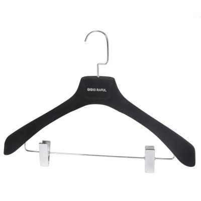 China Morden Luxury Customized Plastic Velvet Suits Hanger With Pants Crossbar And Clips for sale